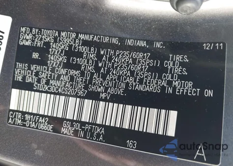 2012 Toyota Sienna Base V6 7 Passenger from USA, damaged, VIN 5TDZK3DC4CS207967